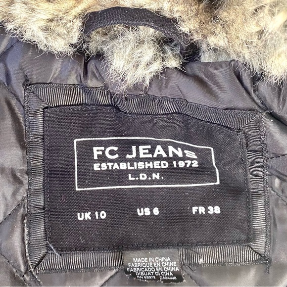 French Connection FC Jeans Faux-Fur Hood Quilted Parka Coat Black/Charcoal, US 6 - Picture 2 of 11